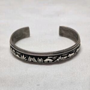 Sterling Silver Engraved Ethnic Animal Motif Cuff Bracelet Signed 925